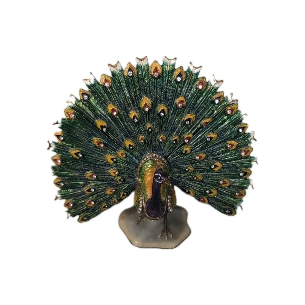 Sorelle Peacock Trinket Box Gold tone Hinged Storage Colorful Bejeweled